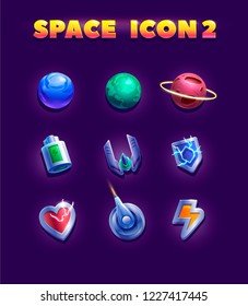 Set of cartoon planets and metallic icon in space. Decoration icons for 2d games. Vector illustration.