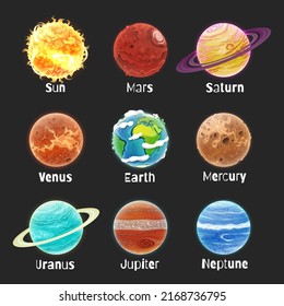 Set of cartoon planets. The solar system.