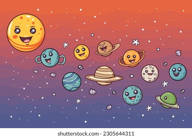 Set of cartoon planets of the solar system on universe background. Vector illustration. Suitable for wallpaper, print, t-shirt, banner, pattern.