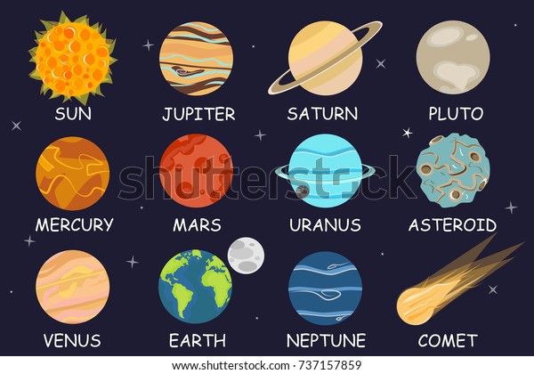 设置太阳系的卡通行星 太阳系太阳系的行星与名称 矢量插图在一个平面的风格孤立在背景上的标签 标志 壁纸 网页 移动 库存矢量图 免版税