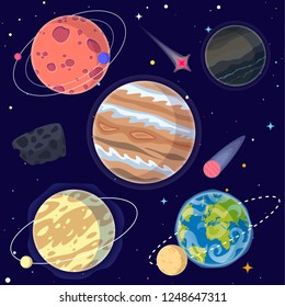 Set of cartoon planets and space elements including Earth, Moon and Jupiter. Vector illustration