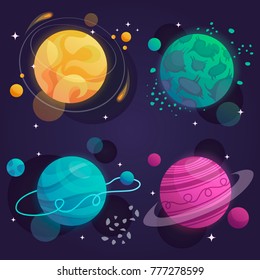 set of cartoon planets in space. vector illustration