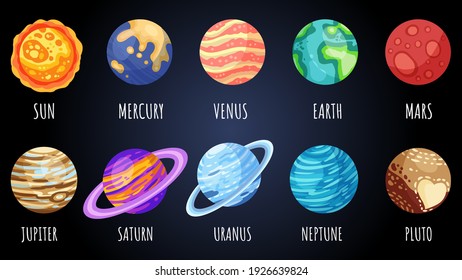 Set Of Cartoon Planets, Stars And Satellites. Cosmos Theme Collection. Solar System Outer Space Planets Children Icons. Vector Stock Images