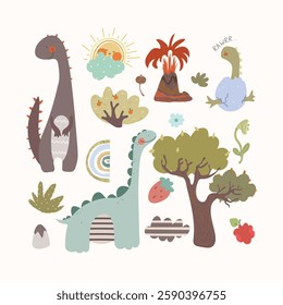 Set with cartoon plants and dino. Cute set with Dino friends, hand drawn animals and plants, Rawrr word. Vector illustration