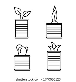 Set of cartoon plants in tin cans. Flower in corrugated metal cylindrical container. Line art growing spring sprouts in jar. Home garden illustration. Contour isolated vector icon, white background