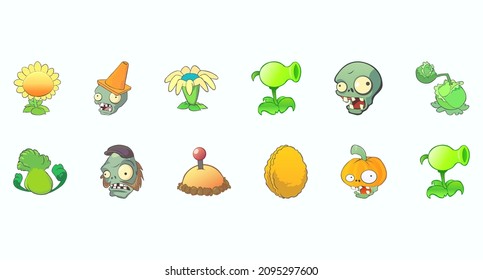 Set of cartoon plants and zombies. Vector illustration 