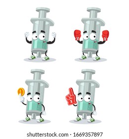 set of cartoon plastic medical syringe character mascot on white background