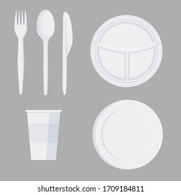 Set of cartoon plastic tableware in minimalist style isolated on white. Collection of different dishes plate, fork, knife, spoon and glass vector graphic illustration. Cooking utensil for picnic