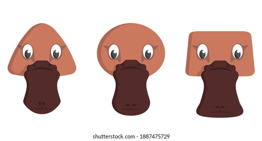 Set of cartoon platypuses. Different shapes of animal faces.