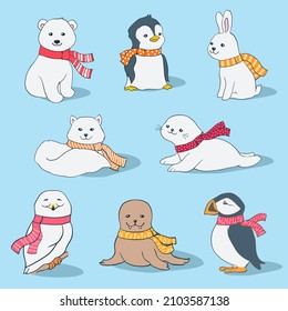 Set of cartoon polar animals with scarfs vector illustration. Arctic fox, polar bear, baby penguin, rabbit, walrus, seal, owl and puffin