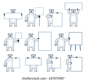 Set of cartoon polar bear characters posing with various blank banners. Cheerful bear holding paper, poster, placard, pointing to whiteboard. Teach, advertise. Simple vector illustration