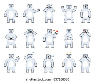 Set of cartoon polar bear characters showing various emotions. Arctic bear laughing, crying, serious, dazed, sleepy, surprised, thinking and showing other emotions. Flat vector illustration