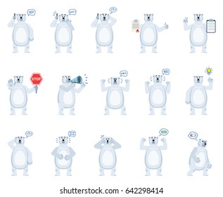 Set of cartoon polar bear characters showing various actions, emotions. Funny polar bear talking on phone, surprised, angry, holding loudspeaker and doing other actions. Simple vector illustration