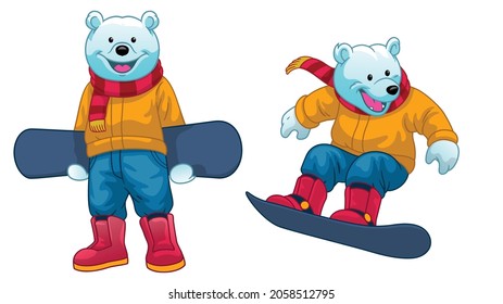 Set mit dem Snowboard auf dem Polarbär gespielter Kartoon