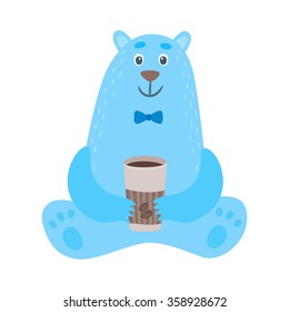 Set of cartoon polar bears with cup of coffee. Vector illustration.