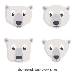 Set of cartoon polar bears. Different shapes of animal heads.