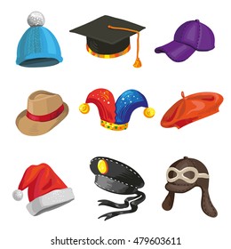 Set of cartoon police and joker hats. Collection with baseball, knitted and graduation caps. Vector illustration isolated on white