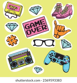 Set of cartoon pop art stickers of the sunglasses. Hand-drawn vector illustration.