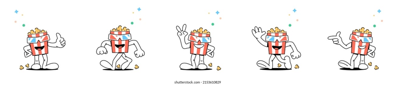 Set of cartoon popcorn characters in 3D glasses in different friendly poses. Striped bucket with popcorn. Stock vector illustration of food, snacks in cinema. Isolated white background.