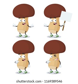 set of cartoon porcini mushroom character mascot on white background