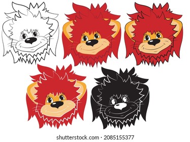 Set of Cartoon portrait of a lion in isolate on a white background. Vector illustration.
