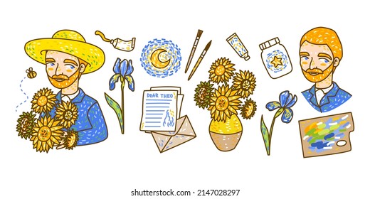 Set of cartoon portrait and Van Gogh style elements isolated on white - sunflowers, irises, palette, oil paints, brushes, letters for Your art design 