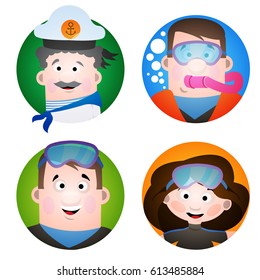 A set of cartoon portraits of avatars of sailors and divers.