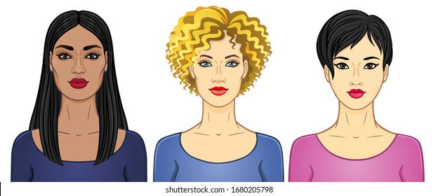 Set of cartoon portraits women of different appearance and nationality. Template for use. Vector illustration isolated on white background.