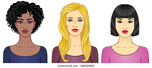 Set of cartoon portraits women of different appearance and nationality. Template for use. Vector illustration isolated on white background.