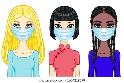 Set of cartoon portraits women of different appearance and nationality in medical masks. Protection against coronovirus epidemic. Template for use. Vector illustration isolated on white background.