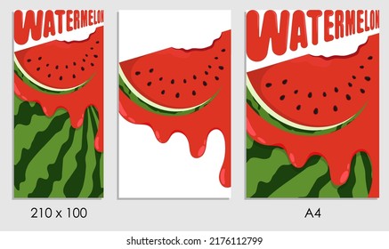 Set of cartoon postcards, flyers with cut watermelon and watermelon juice. Template element for design and decoration. Vector