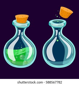 Set of Cartoon Potion Bottle. Glass flasks with colorful liquids isolated on a dark background. Game icon of magic elixir.Vector design for app user interface. For animation vector illustration