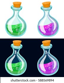 Set of Cartoon Potion Bottle. Glass flasks with colorful liquids isolated on background. Game icon of magic elixir.Vector design for app user interface. For animation vector illustration