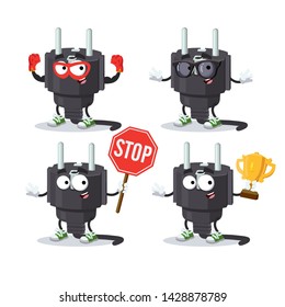 set of cartoon power plug type E character mascot on white background