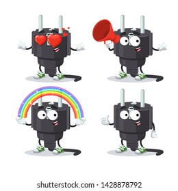 set of cartoon power plug type E character mascot on white background