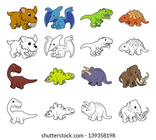 A set of cartoon prehistoric animal and dinosaur illustrations. Color and black an white outline versions.