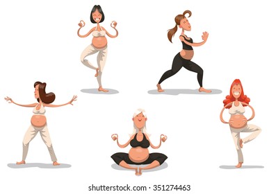 set of cartoon pretty pregnant women doing yoga exercises. They are beauty and thinking about their wellness. vector illustrations