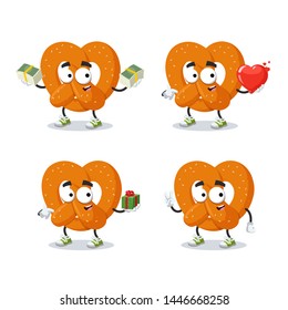 set of cartoon pretzel with sesame seeds character mascot on white background