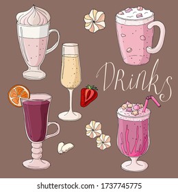 Set of cartoon products. Drinks: latte, milkshakes, lemonade, punch, mulled wine, champagne and so on. Vector illustration.