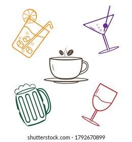 Set of cartoon products icons on white background. Alcoholic and non-alcoholic drinks - tea, coffee, beer, smoothies, juice, cocktail, lemonade, wine and so on