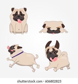 Set of cartoon pug dog poses. Illustration of funny and friendly dog in the flat style