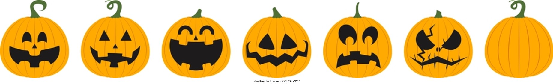 Set Cartoon Pumpkin on white Background. Orange pumpkin with smile for your design for Halloween holiday. Vector illustration. 4 colors