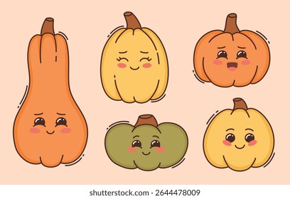 Set of cartoon pumpkins of different shapes. Flat vector illustration.