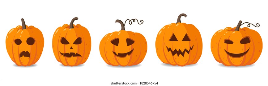 Set of cartoon pumpkins with funny faces for your design for the holiday Halloween. Different shapes and sizes orange gourd. Flat style vector illustration on white background.