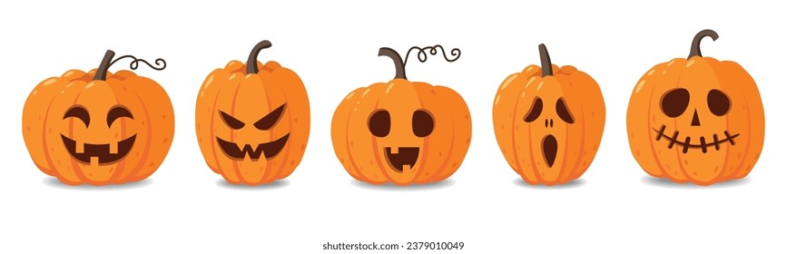 Set of cartoon pumpkins with funny faces for your design for the holiday Halloween. Different shapes and sizes orange gourd. Flat style vector illustration on white background.