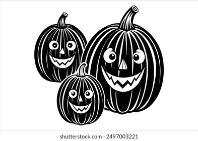Set of cartoon pumpkins with funny faces for your design for the holiday Halloween. Different shapes and sizes orange gourd. Flat style vecto