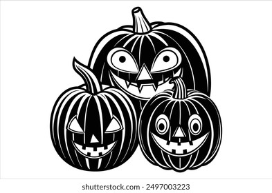 Set of cartoon pumpkins with funny faces for your design for the holiday Halloween. Different shapes and sizes orange gourd. Flat style vecto