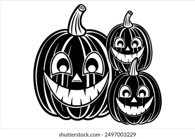 Set of cartoon pumpkins with funny faces for your design for the holiday Halloween. Different shapes and sizes orange gourd. Flat style vecto