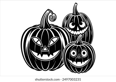 Set of cartoon pumpkins with funny faces for your design for the holiday Halloween. Different shapes and sizes orange gourd. Flat style vecto