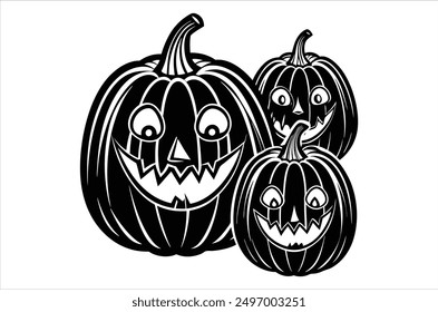 Set of cartoon pumpkins with funny faces for your design for the holiday Halloween. Different shapes and sizes orange gourd. Flat style vecto